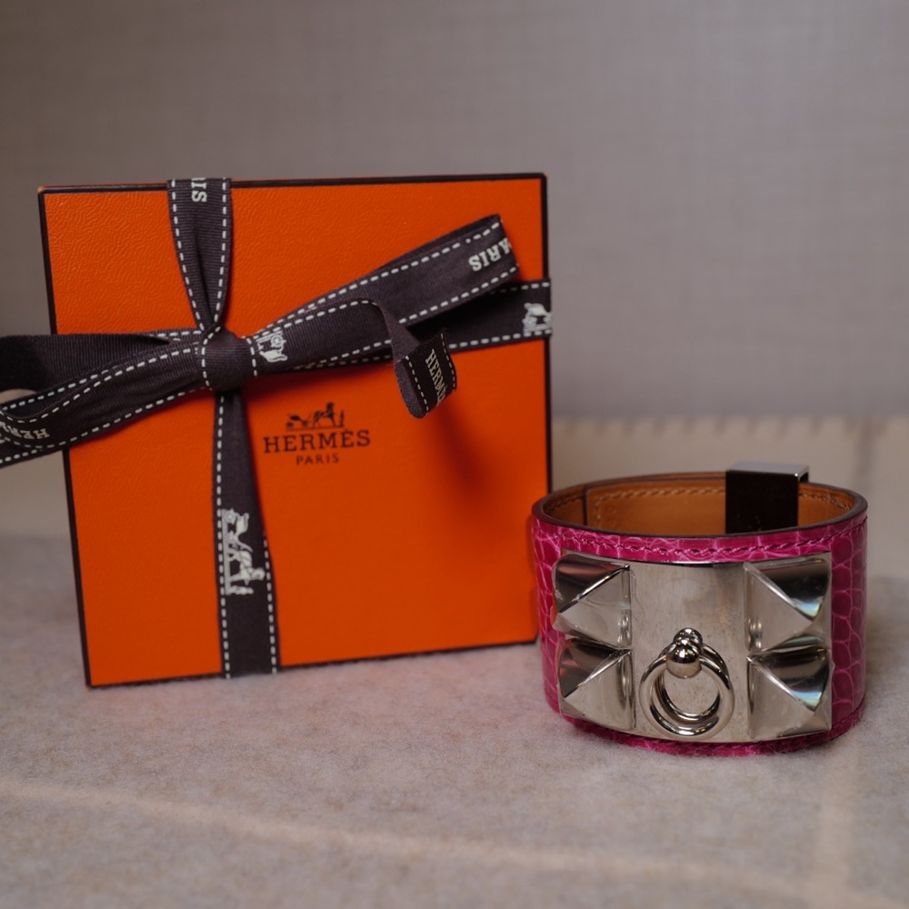 Authentic Hermes Collier de Chien CDC Crocodile PM PHW Rose Scheherazade